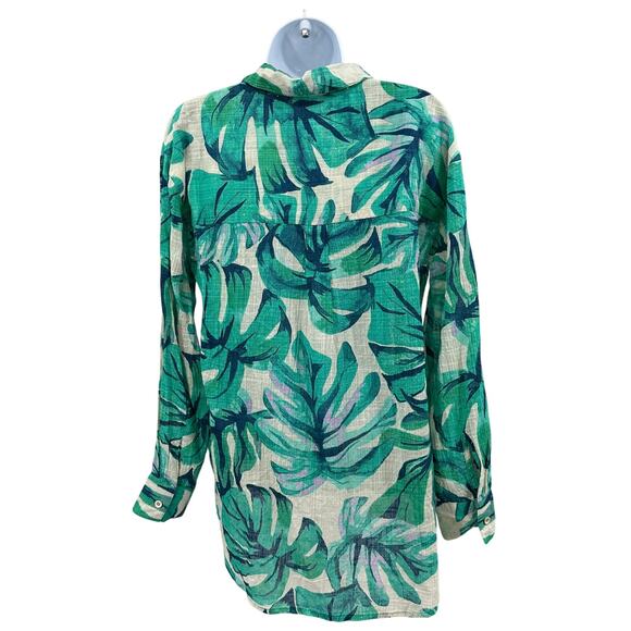 Blue Island Button Up Shirt Sz L Teal Tropical Leaf Hi Low Long Sleeve Cover Up - Picture 5 of 8